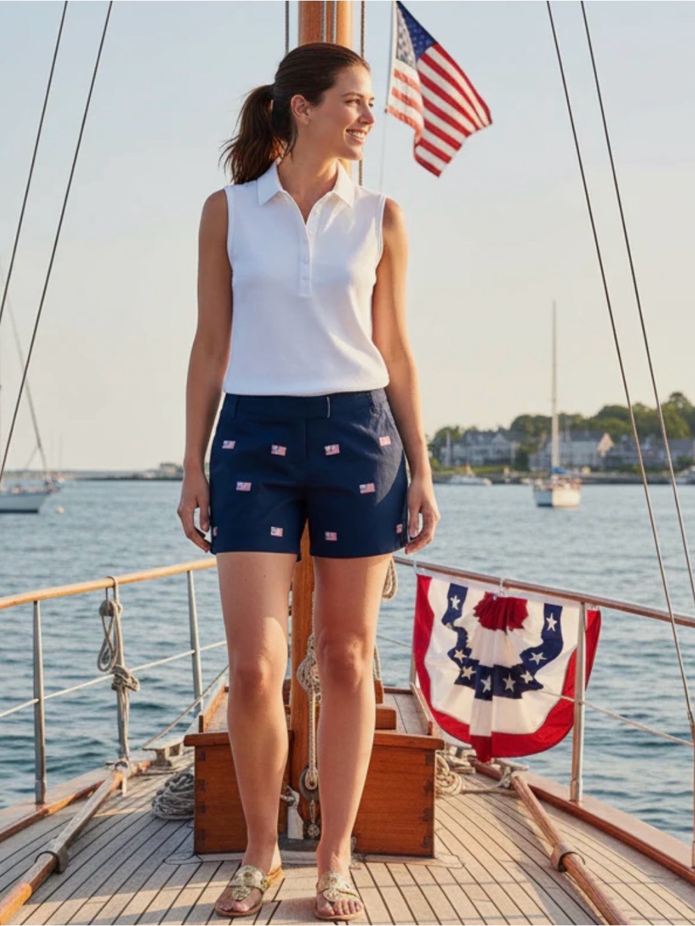 Castaway Navy Women’s Shorts with Embroidered Flags